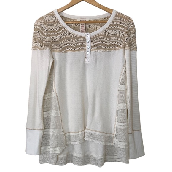 Sundance Tops - Sundance Long Sleeve Lace Inset Henley Top Womens Size Small Ivory Waffle Knit